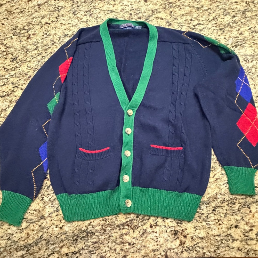 Vintage C.F. Hathaway Men‎ Cardigan Sweater Large Argyle Intarsia Navy Blue
